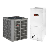 RunTru A5HP5 Heat Pump System with A5AHC Air Handler: outdoor condenser and indoor air handler shown side by side (manufacturer photos)