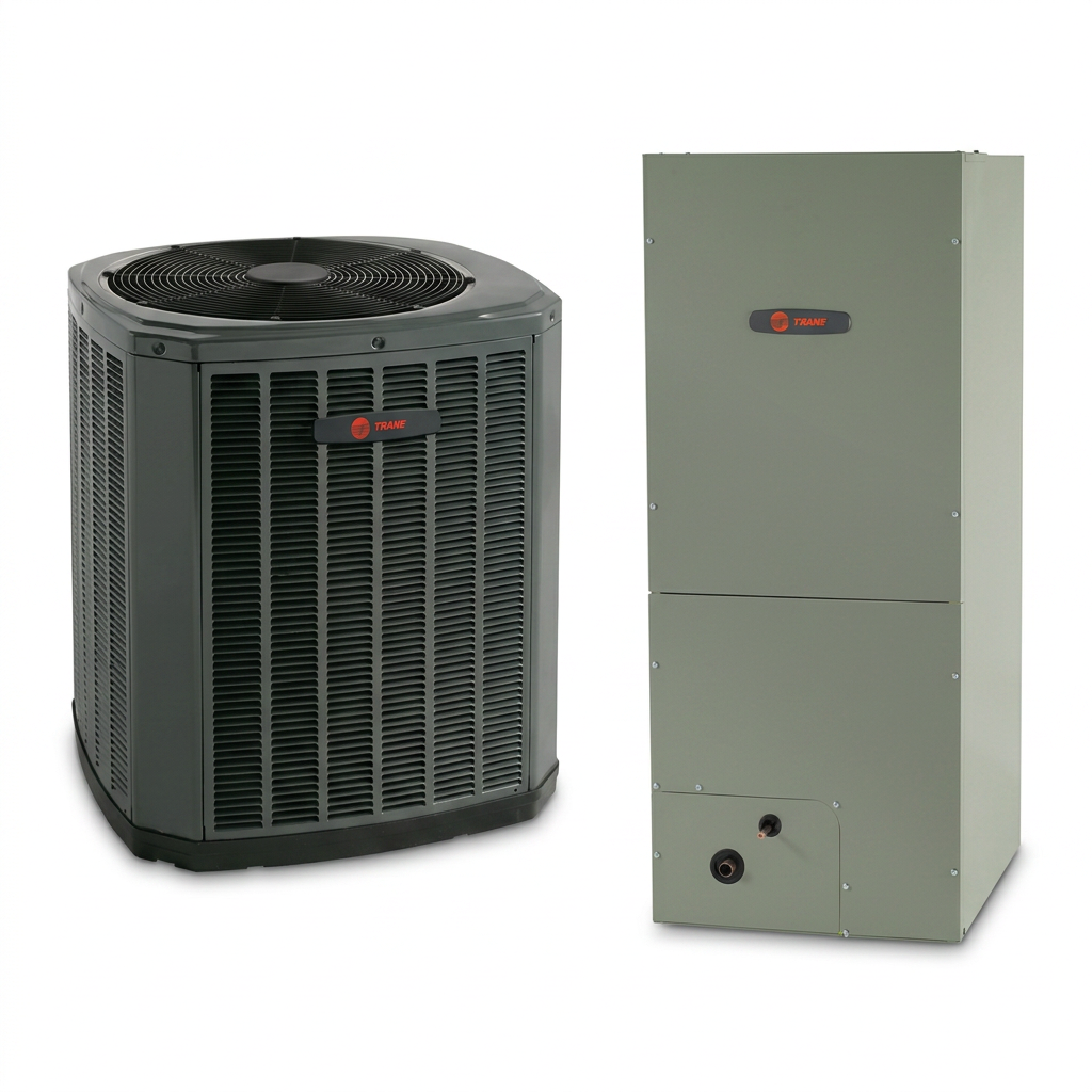 Trane 5TTR6 air conditioner condenser with 5TEM4 air handler — complete matched system